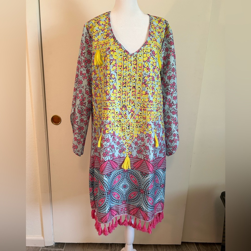 Vibrant Floral Boho Tassel Midi Dress
